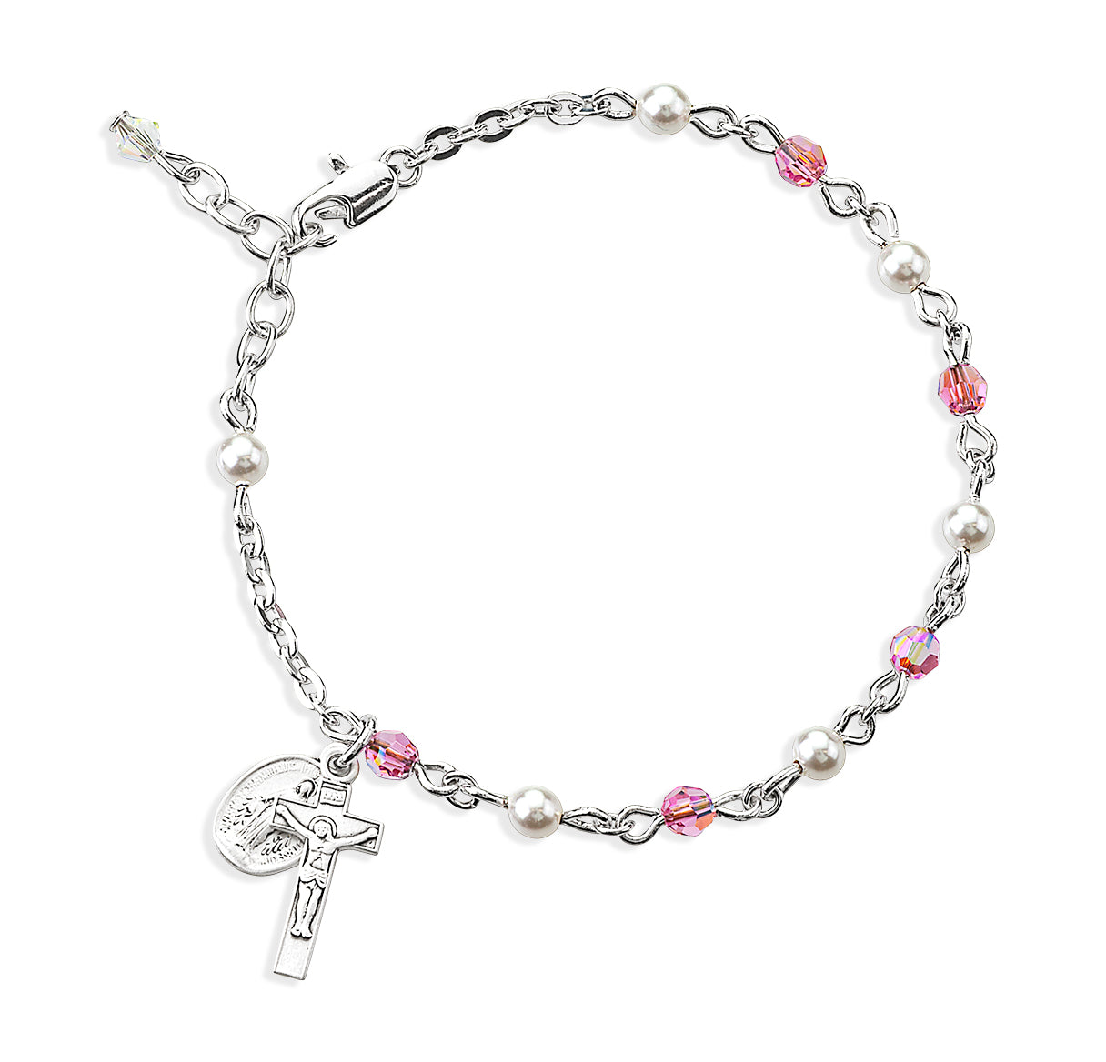 4mm Rosary Bracelet made with Crystals by Swarovski® Pink Crystals & White Pearls W/Sterling Medals-Bxd