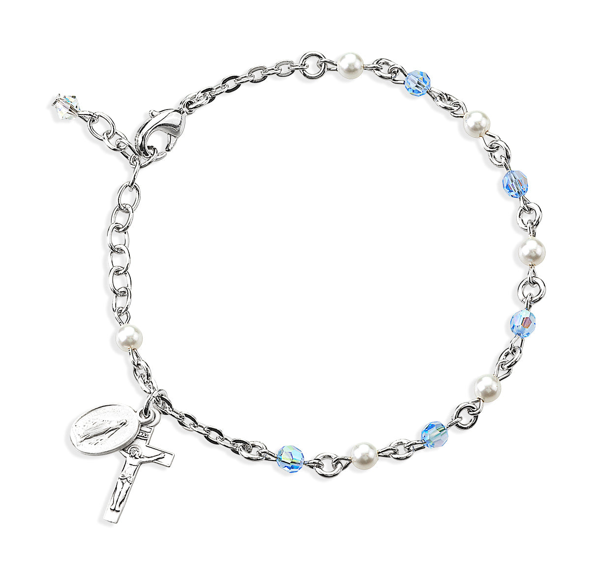 4mm Rosary Bracelet made with Crystals by Swarovski® Sapphire Crystals & White Pearls W/Sterling Medals-Bxd