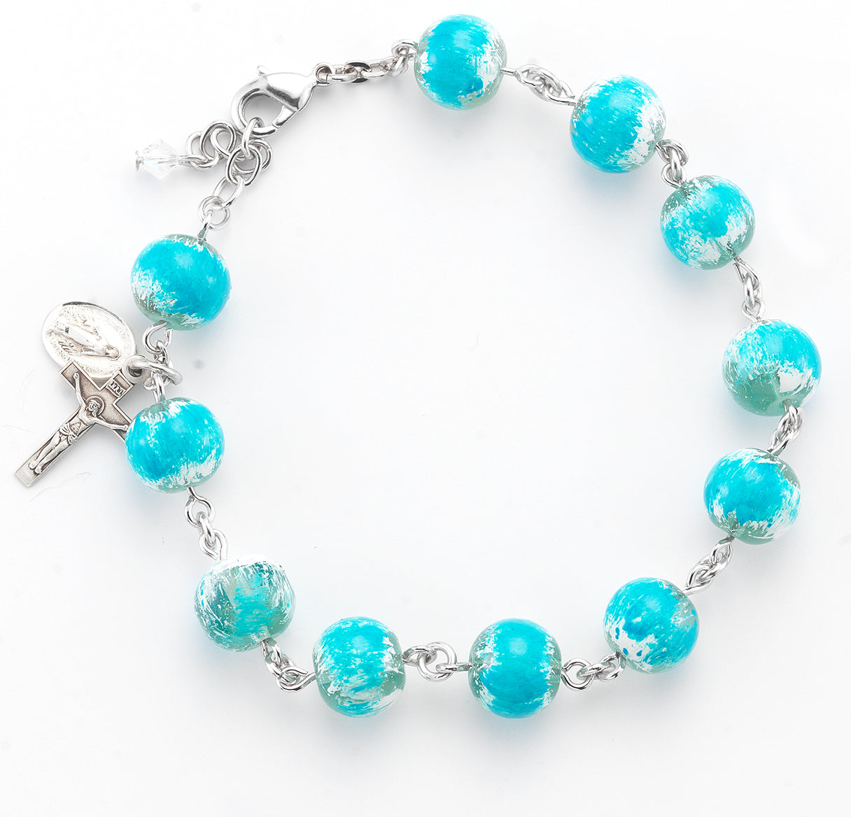 10mm Blue/White Painted Glass Bead Rosary Bracelet with a Sterling Crucifix and Miraculous Medal-Bxd