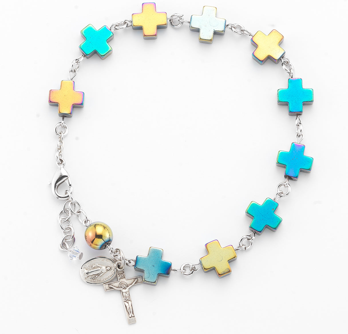 Cross Shaped Gold Hematite Rosary Bracelet with 8mm Our Father Beads, a Sterling Silver Crucifix and Miraculous Medal-Bxd