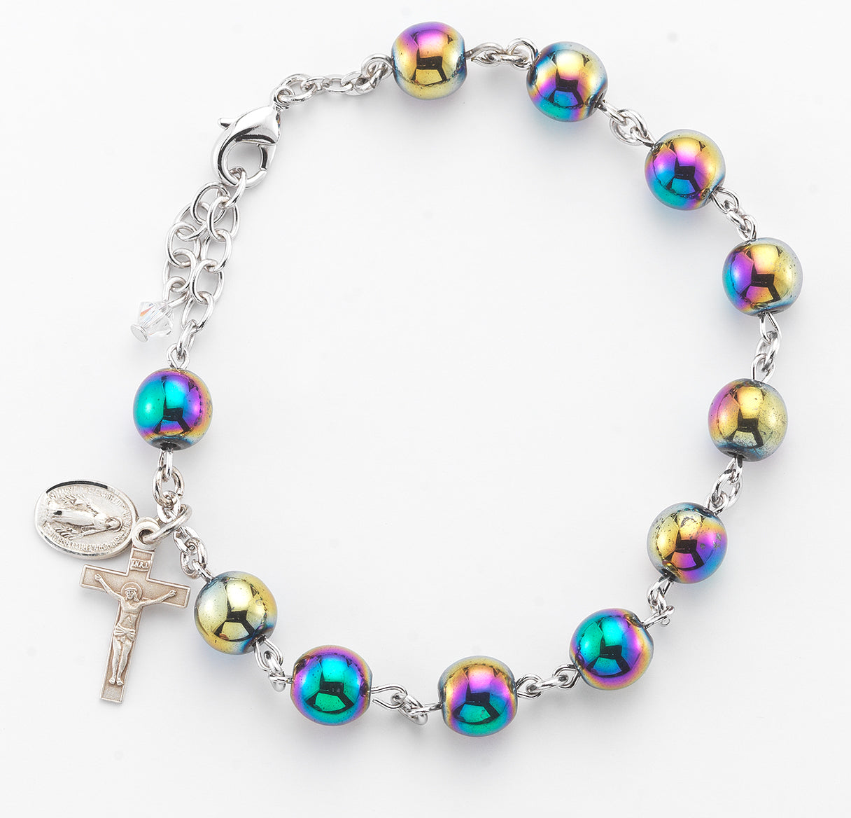 8mm Round Gold Hematite Rosary Bracelet with a Sterling Silver Crucifix and Miraculous Medal-Bxd