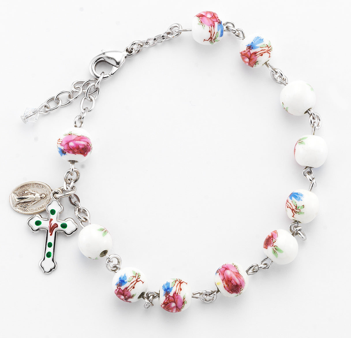 8mm White Flower Glass Bead Rosary Bracelet with a Sterling Crucifix and Miraculous Medal-Bxd