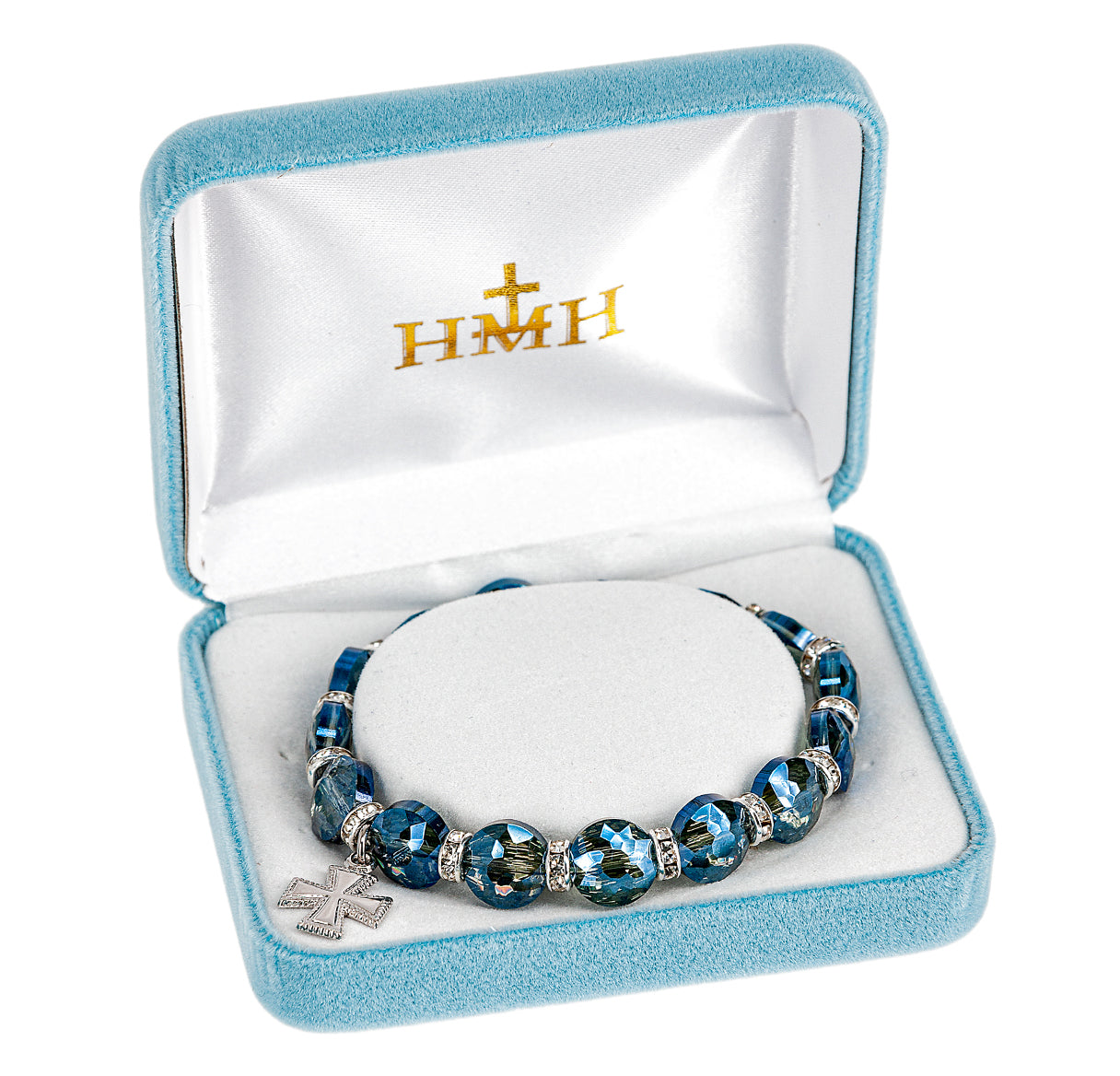 10mm Faceted Mightnight Blue Glass Sphere Shaped Bracelet W/ Rhinestone Accents & Sterling Small Fancy Cross