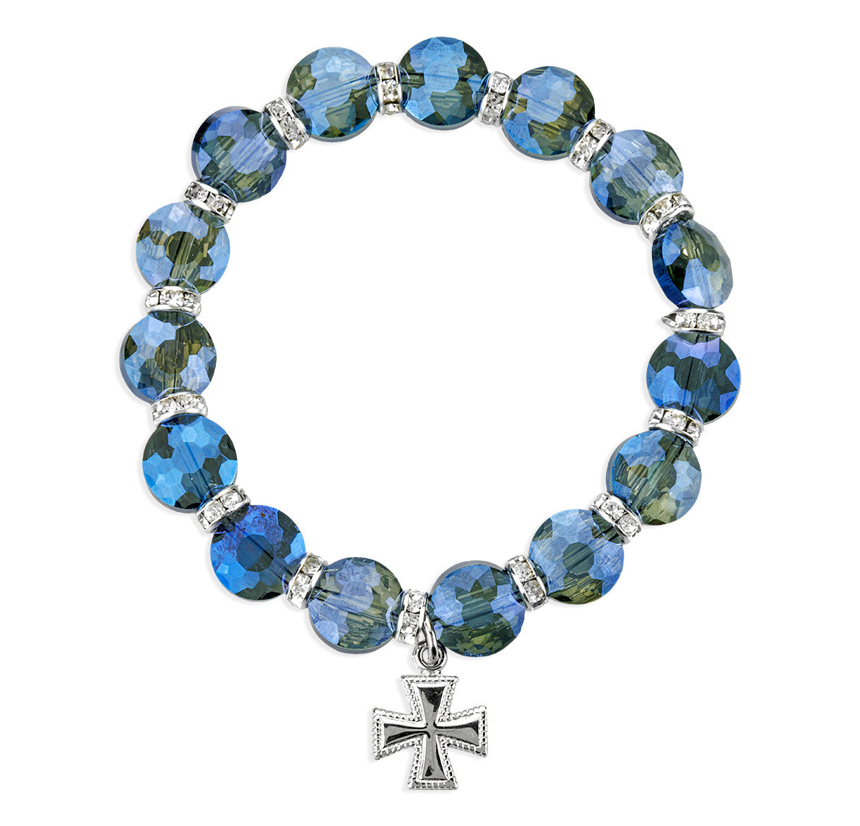 10mm Faceted Mightnight Blue Glass Sphere Shaped Bracelet W/ Rhinestone Accents & Sterling Small Fancy Cross