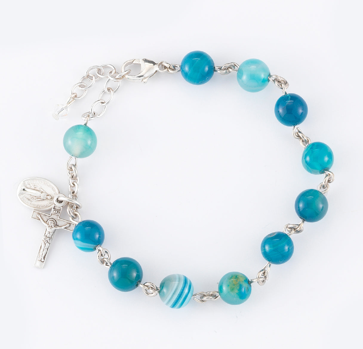 8mm Genuine Striped Blue Agate Beads Rosary Bracelet w/Rhodium Plated Findings W/ Sterling Silver  Crucifix and Mirac-Bxd
