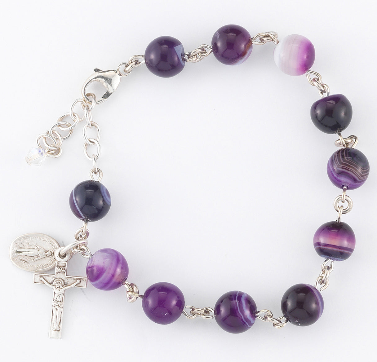 8mm Genuine Striped Purple Agate Beads Rosary Bracelet w/ Rhodium Plated Findings W/ Sterling Silver Crucifix and Mirac-Bxd