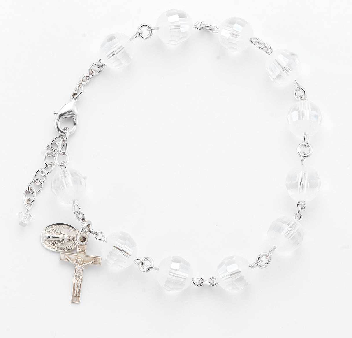 10mm Round Crystal Frosted Rosary Bracelet with a Sterling Silver Crucifx, Miraculous Medal with Rhodium Plated Brass Findings-Bxd