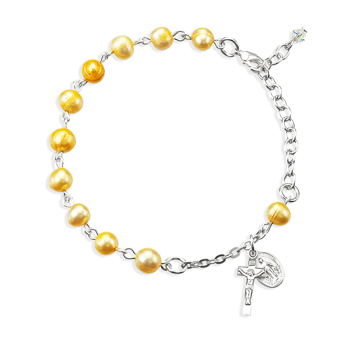 6mm Freshwater Pearl Gold Rosary Bracelet w/Ster Medals-Bxd