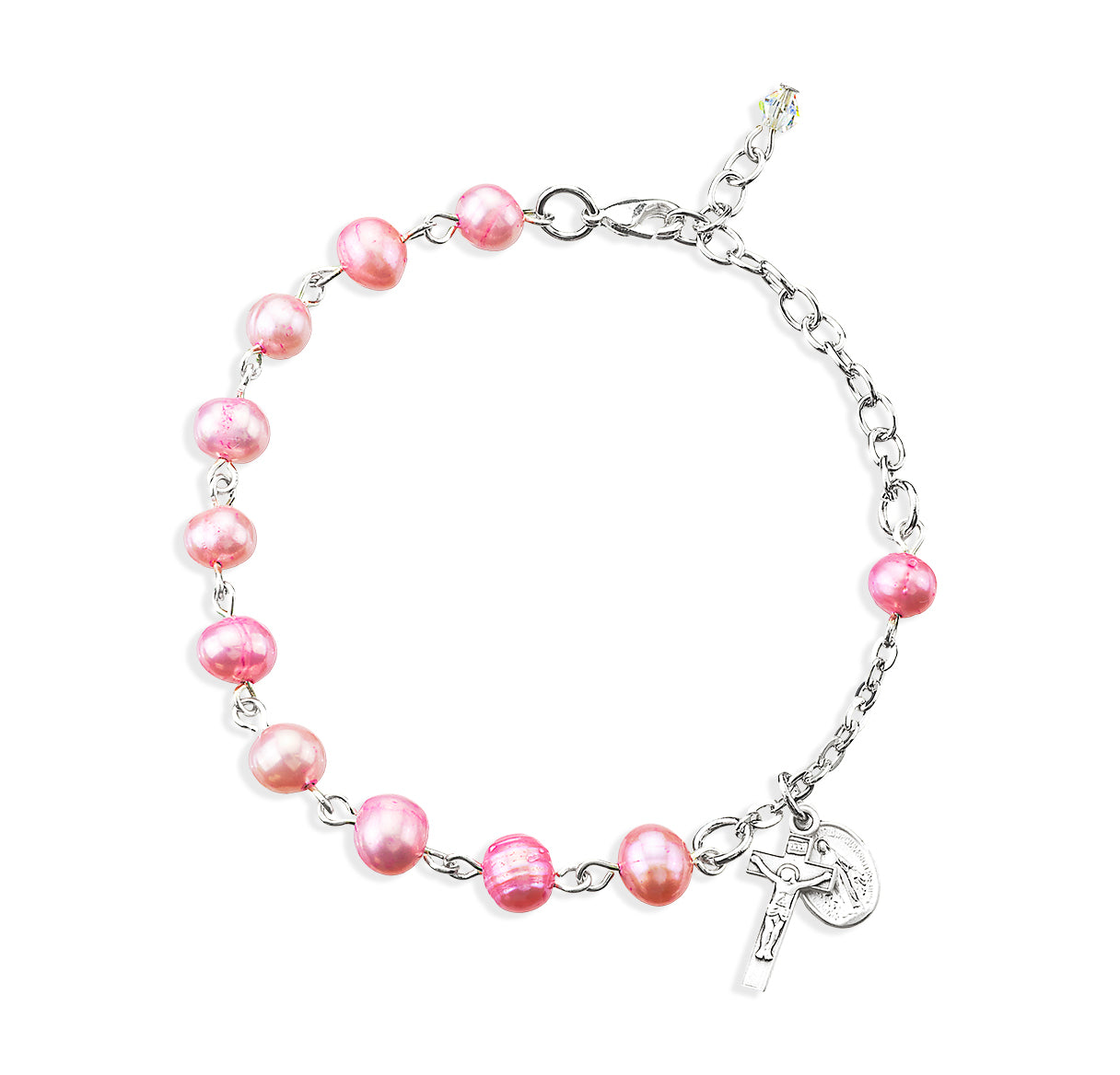 6mm Freshwater Pearl Pink Rosary Bracelet w/Sterling Medals-Bxd