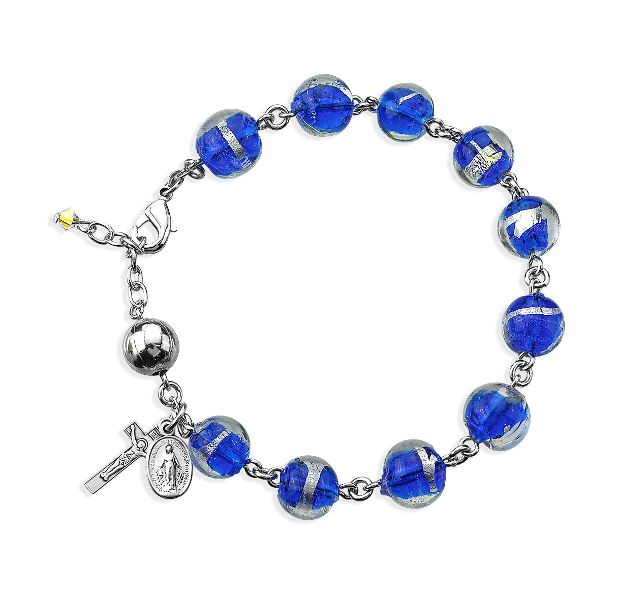 10mm Blue Venetian Glass Rosary Bracelet with a Sterling Silver Miraculous Medal, Crucifix-Bxd