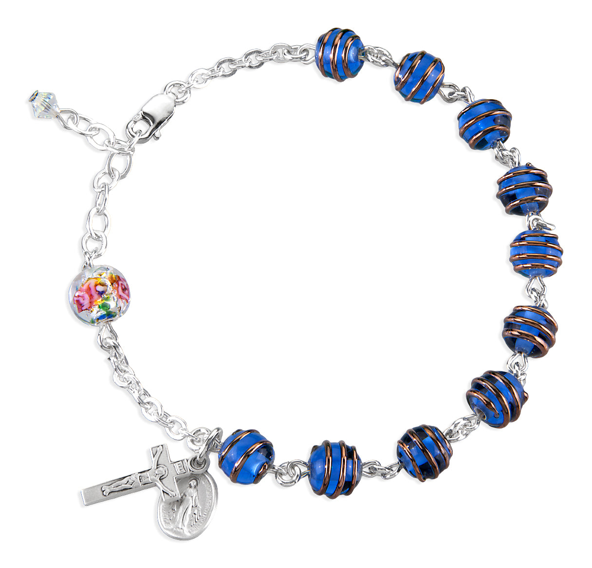 7mm Czech Blue Gold Swirl Beads Plated Rosary Bracelet W/ Sterling Silver Mirac & Crucifix-Bxd