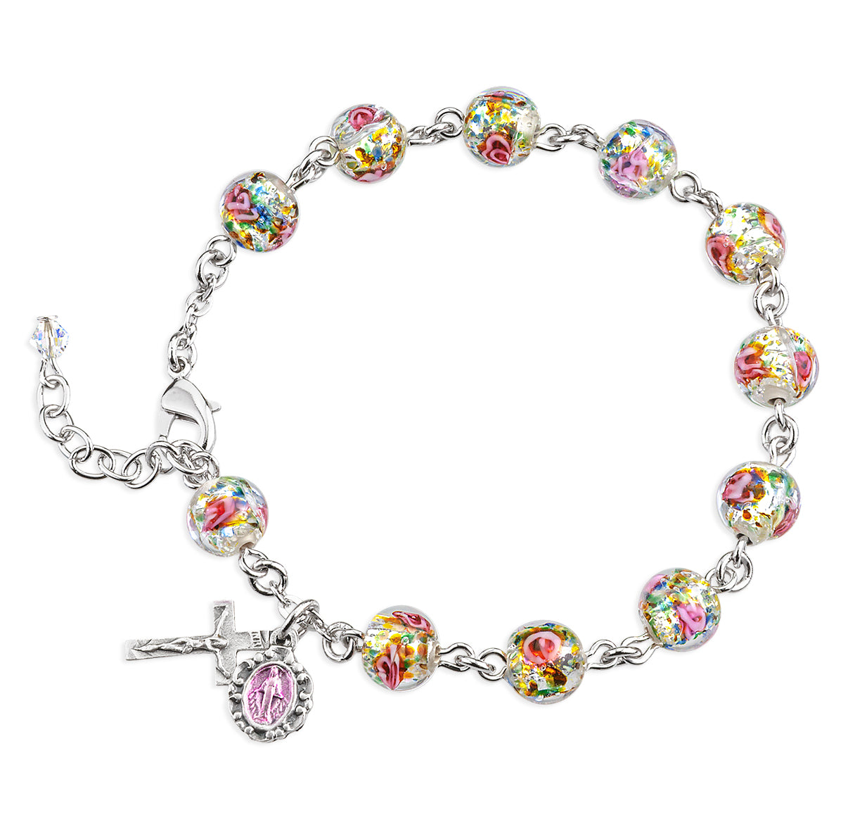 8mm Murano Venetian Glass Crystal Flower Rosary Bracelet w/Sterling Medals (3160PK/1802) Boxed