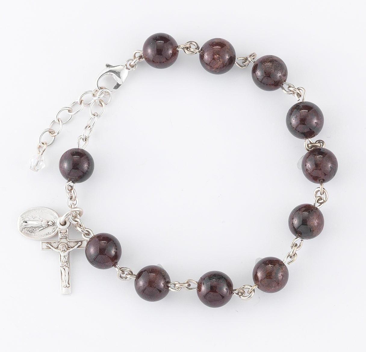 8mm genuine garnet bead roasary bracelet w/ sterling silver medals-Bxd