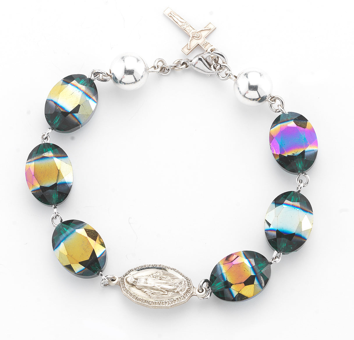 16 x 13mm Oval Faceted Smoked Blue Glass Aurora Borealis Bead Rosary with a Miraculous Connector and 10mm Sterling Beads-Boxed