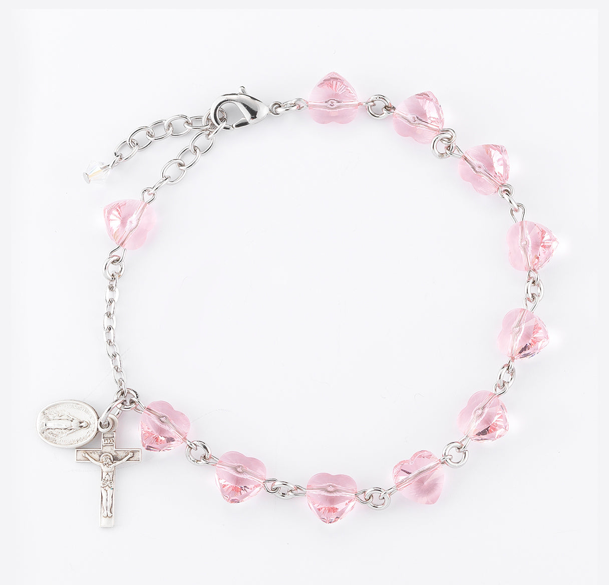 8mm Crystals by Swarovski® Light Rose Heart Rosary Bracelet w/Sterling Medals (S1802/S1124) - Bxd