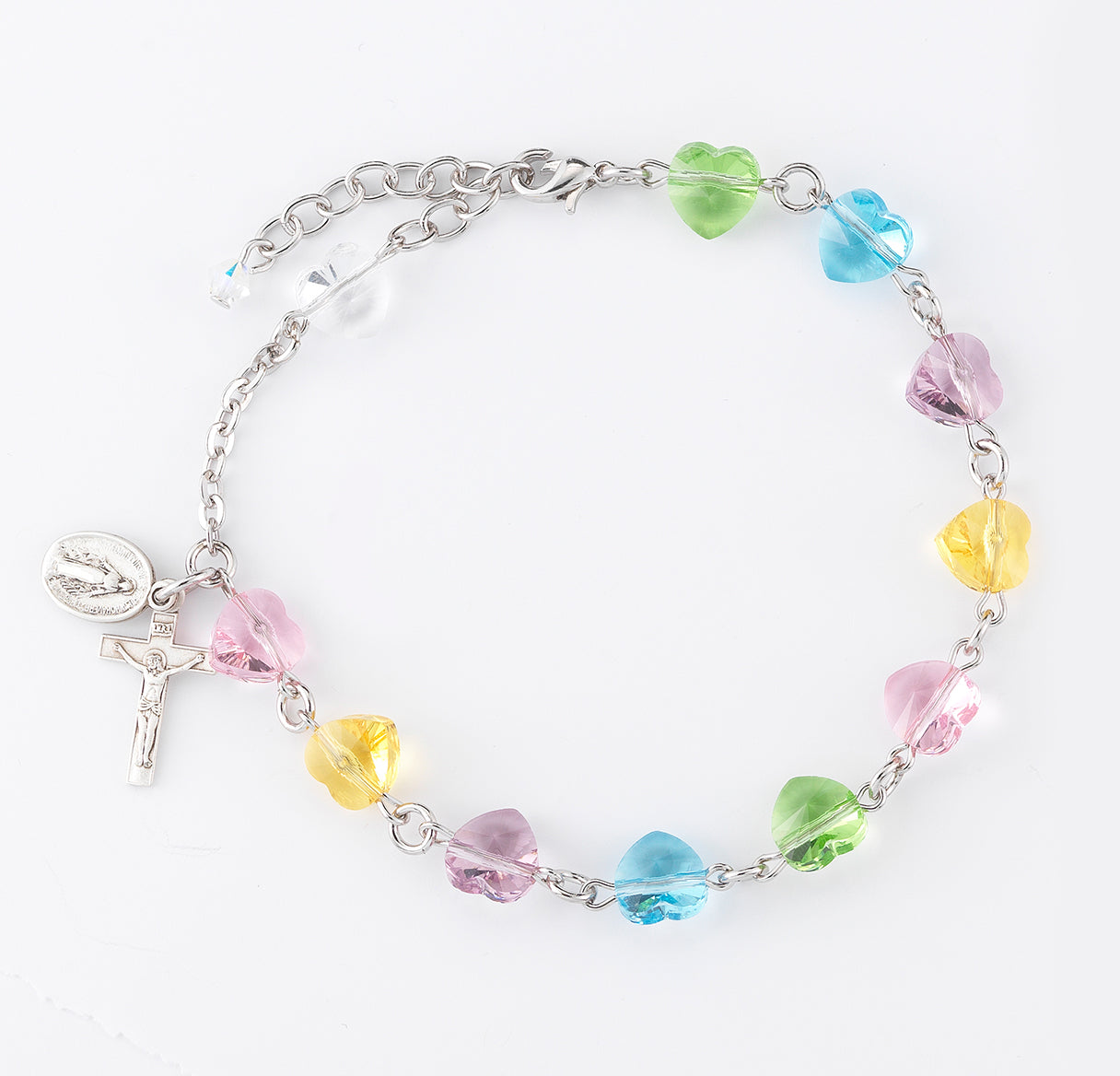 8mm Crystals by Swarovski® Multi Color Heart Rosary Bracelet w/Sterling Medals (S1802/S1124) Bxd