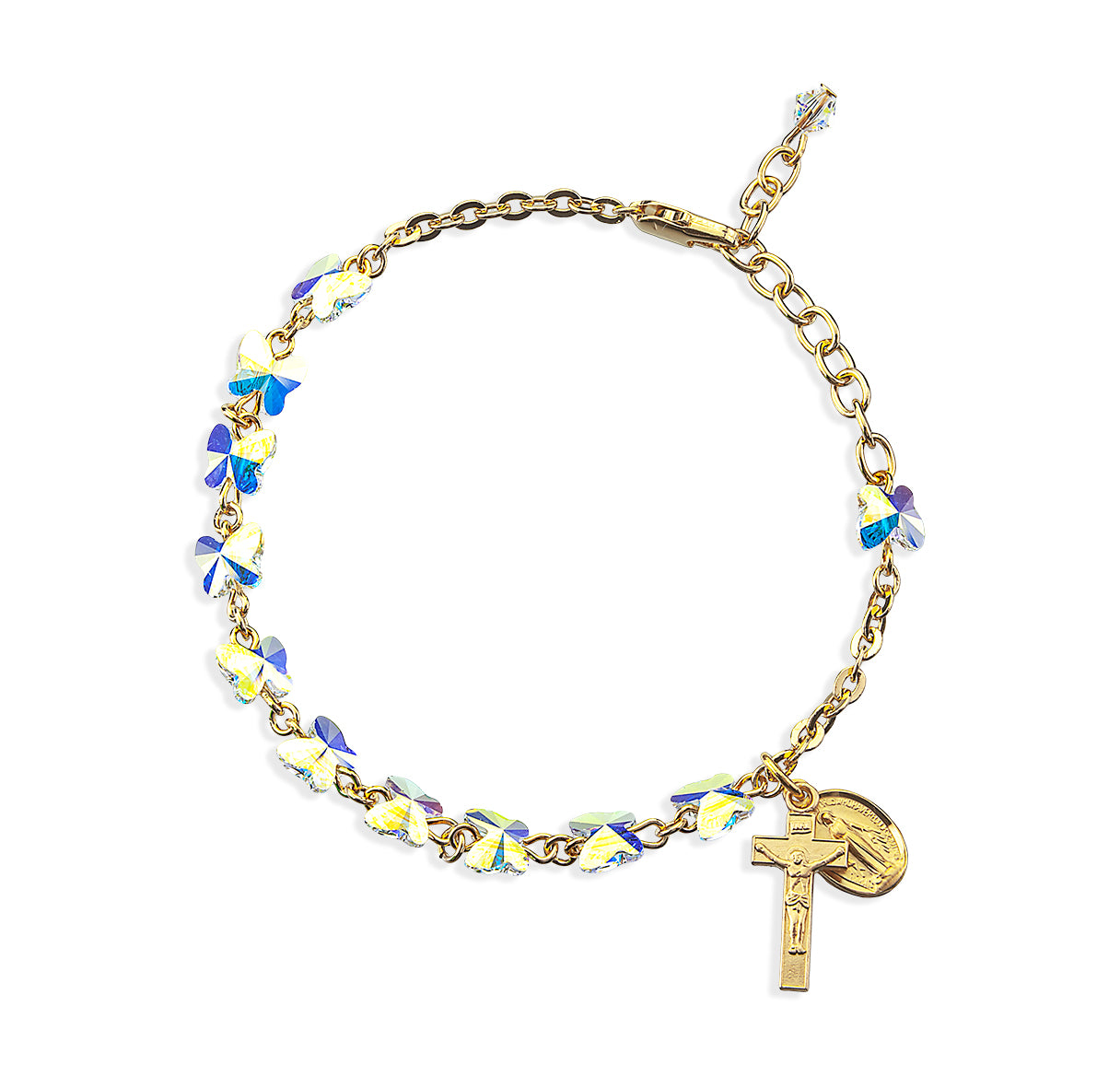 6mm Crystals by Swarovski® Crystal (AB) Gold Plated Butterfly Rosary Bracelet w/Gold Over Sterling Medals-Bxd