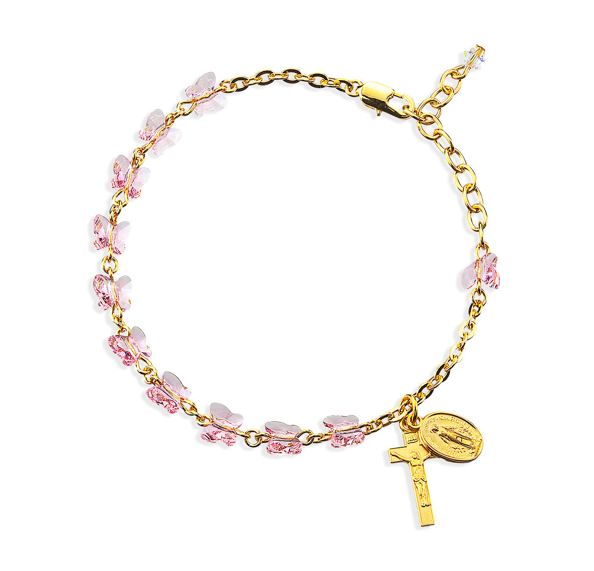6mm Crystals by Swarovski® Light Rose Crystal Gold Plated Butterfly Rosary Bracelet w/Gold Over Sterling Medals Bxd