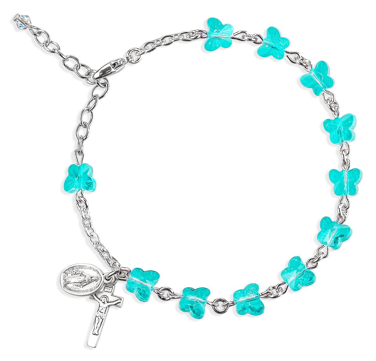 Aqua Butterfly Rosary Bracelet 6mm W/ Sterling Silver Miraculous & Crucifix- 7.5"-Bxd
