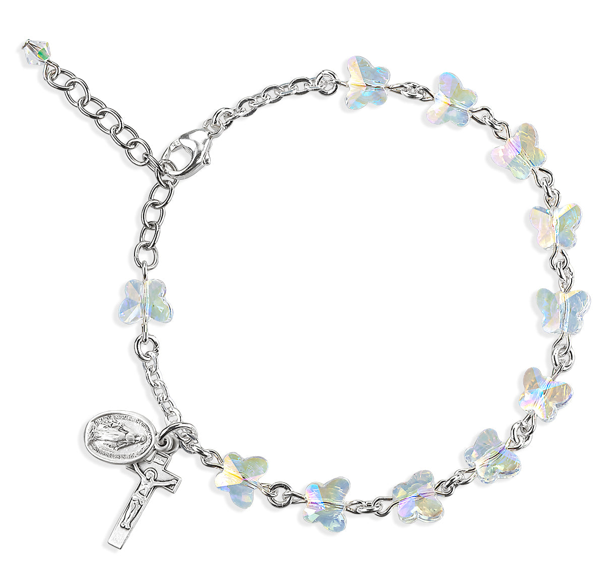 Crystal  Butterfly Rosary Bracelet 6mm AB Finish W/ Sterling Silver Miraculous & Crucifix- 7.5"-Bxd