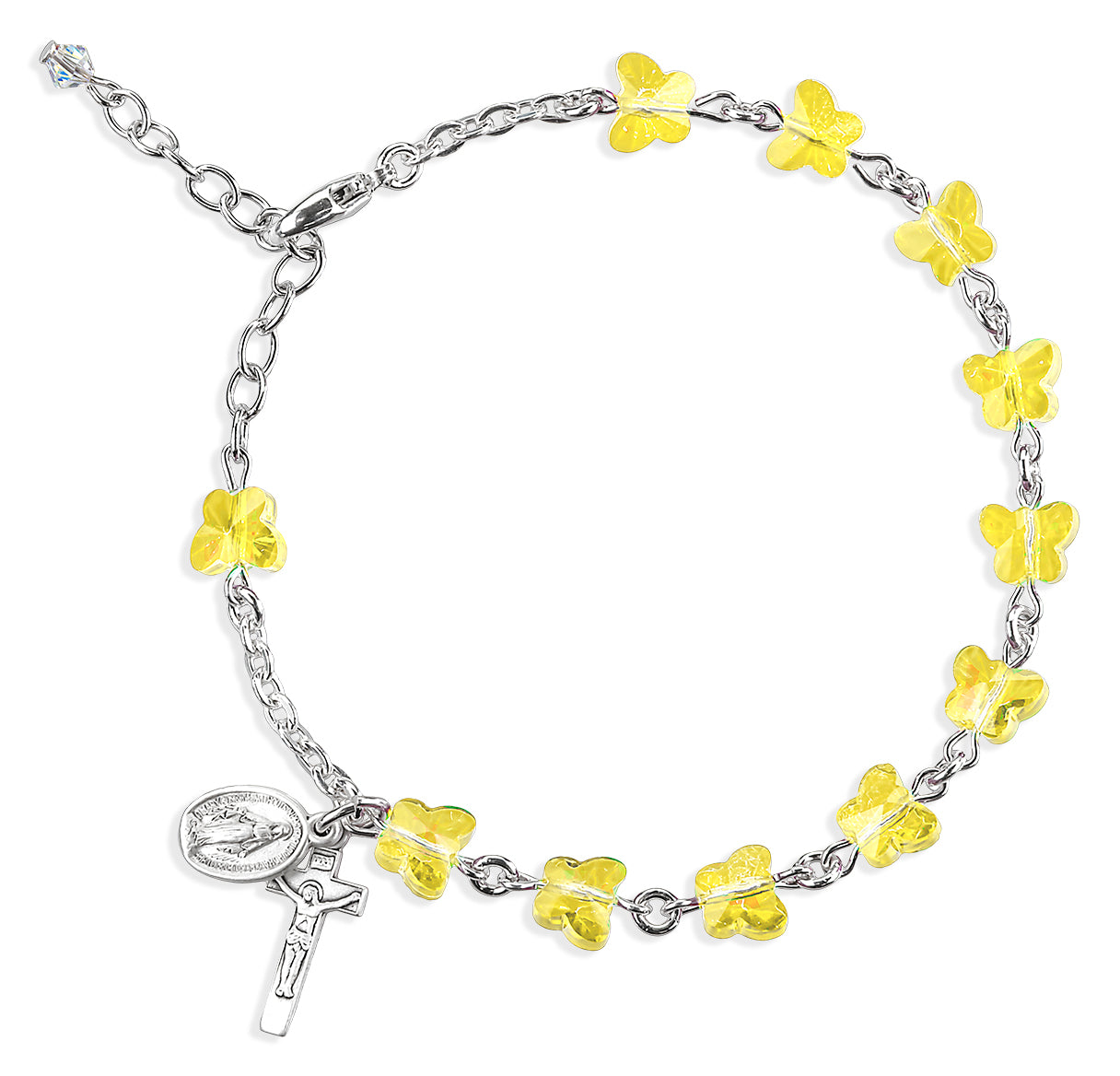 Jonquil Butterfly Rosary Bracelet 6mm W/ Sterling Silver Miraculous & Crucifix- 7.5"-Bxd