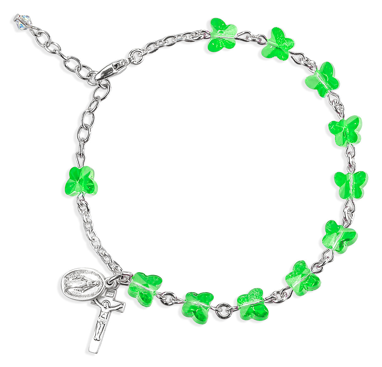 Peridot Butterfly Rosary Bracelet 6mm W/ Sterling Silver Miraculous & Crucifix- 7.5"-Bxd