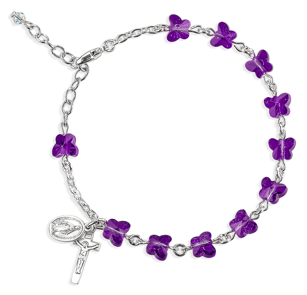 Violet Butterfly Rosary Bracelet 6mm W/ Sterling Silver Miraculous & Crucifix- 7.5"-Bxd