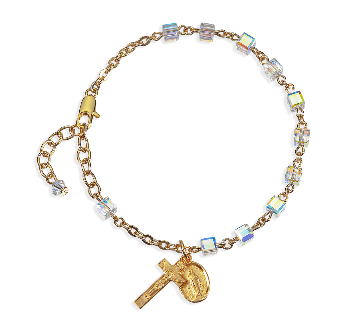 4mm Crystals by Swarovski® Crystal Cube Rosary Bracelet w/Gold Over Sterling Medals-Bxd