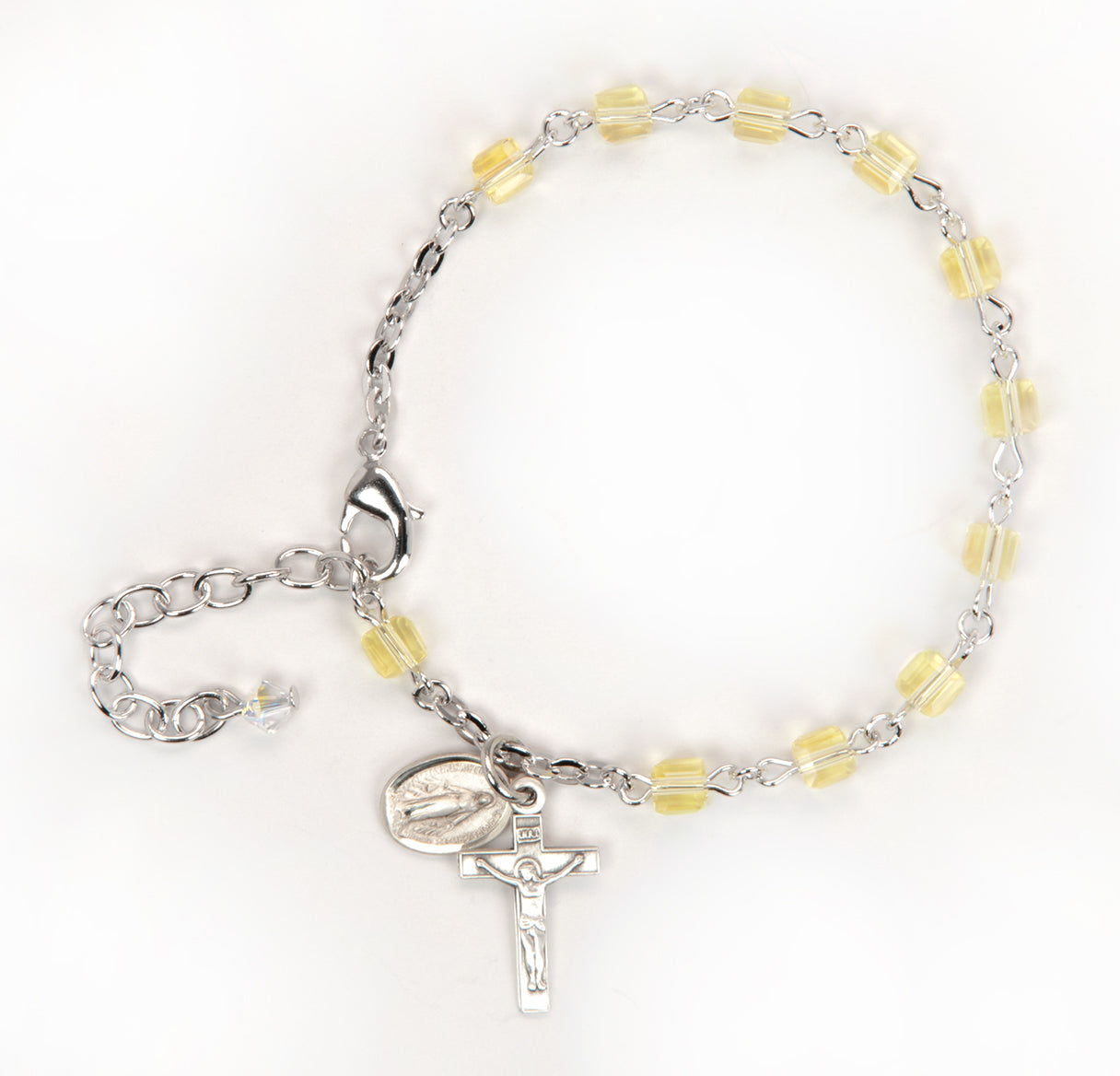 4mm Jonquil Color Faceted Cube Shape Glass Beaded Rosary Bracelet W/ Sterling Silver Medal & Cfx-Bxd