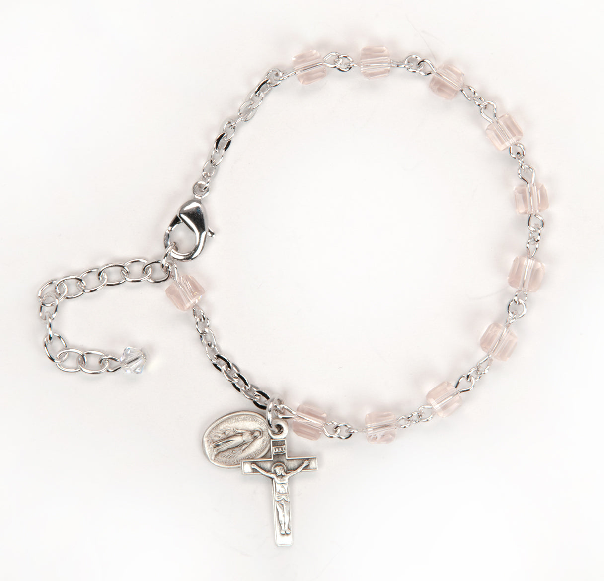 4mm Light Rose Color Faceted Cube Shape Glass Beaded Rosary Bracelet W/ Sterling Silver Medal & Cfx-Bxd