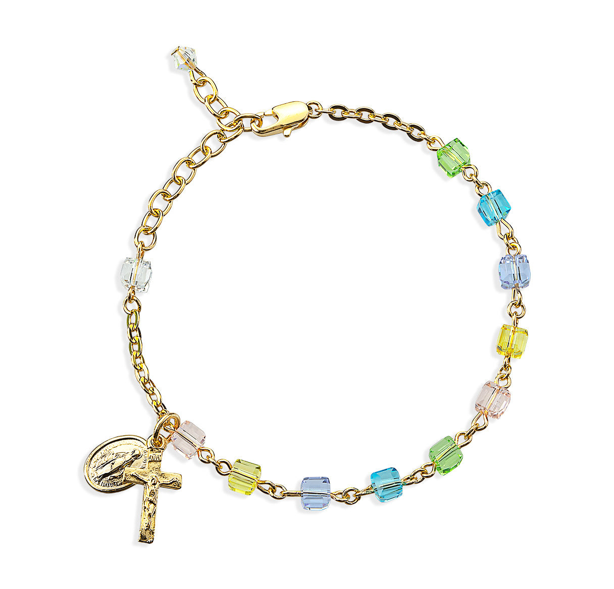 4mm Multi Color Faceted Cube Shape Glass Beaded Rosary Bracelet W/ Sterling Gold Over Silver Medal & Cfx-Bxd