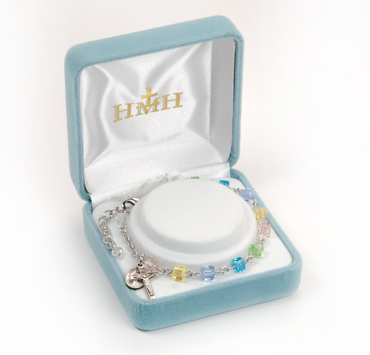 4mm Multi Color Faceted Cube Shape Glass Beaded Rosary Bracelet W/ Sterling Silver Medal & Crucifix