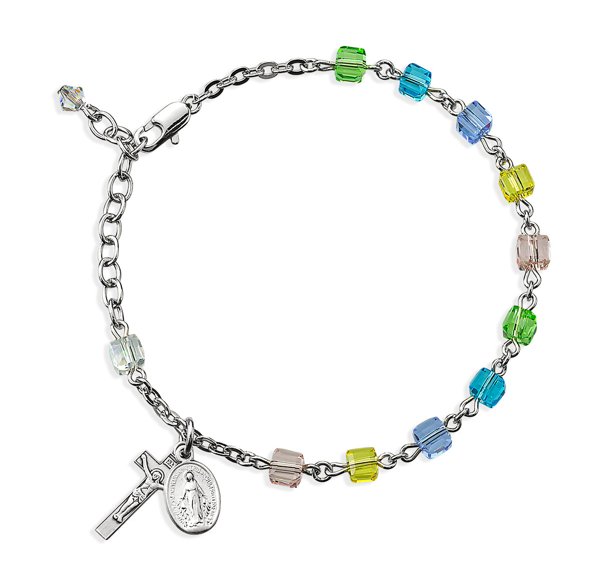 4mm Multi Color Faceted Cube Shape Glass Beaded Rosary Bracelet W/ Sterling Silver Medal & Crucifix