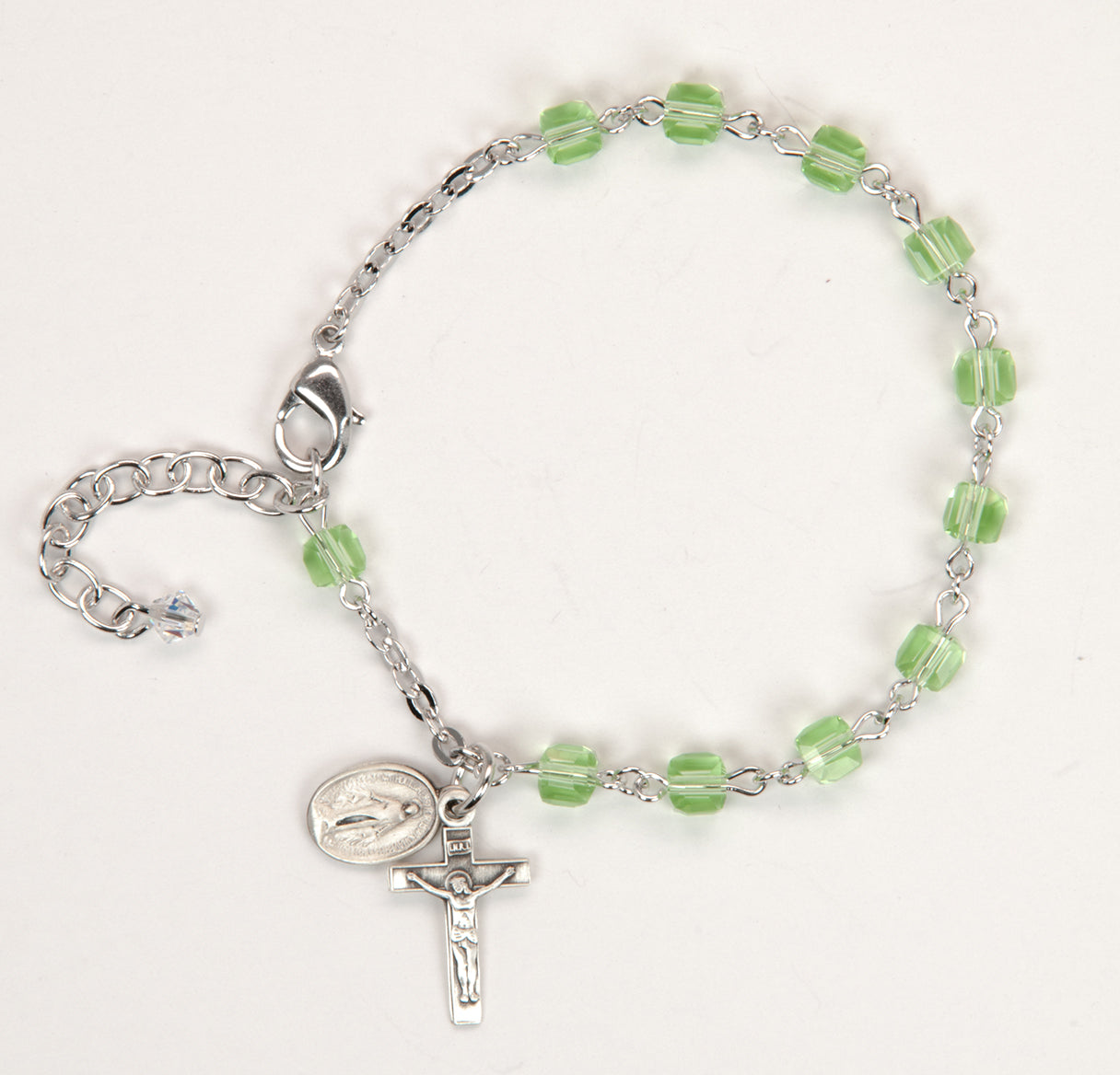 4mm Peridot Color Faceted Cube Shape Glass Beaded Rosary Bracelet W/ Sterling Silver Medal & Cfx-Bxd