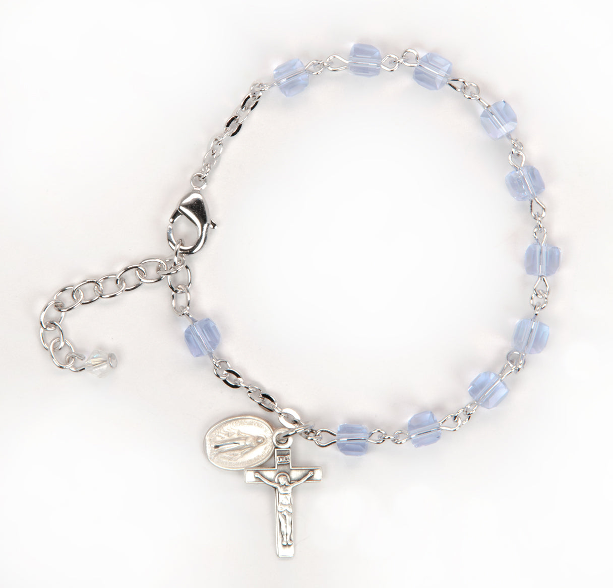 4mm Violet Color Faceted Cube Shape Glass Beaded Rosary Bracelet W/ Sterling Silver Medal & Cfx-Bxd
