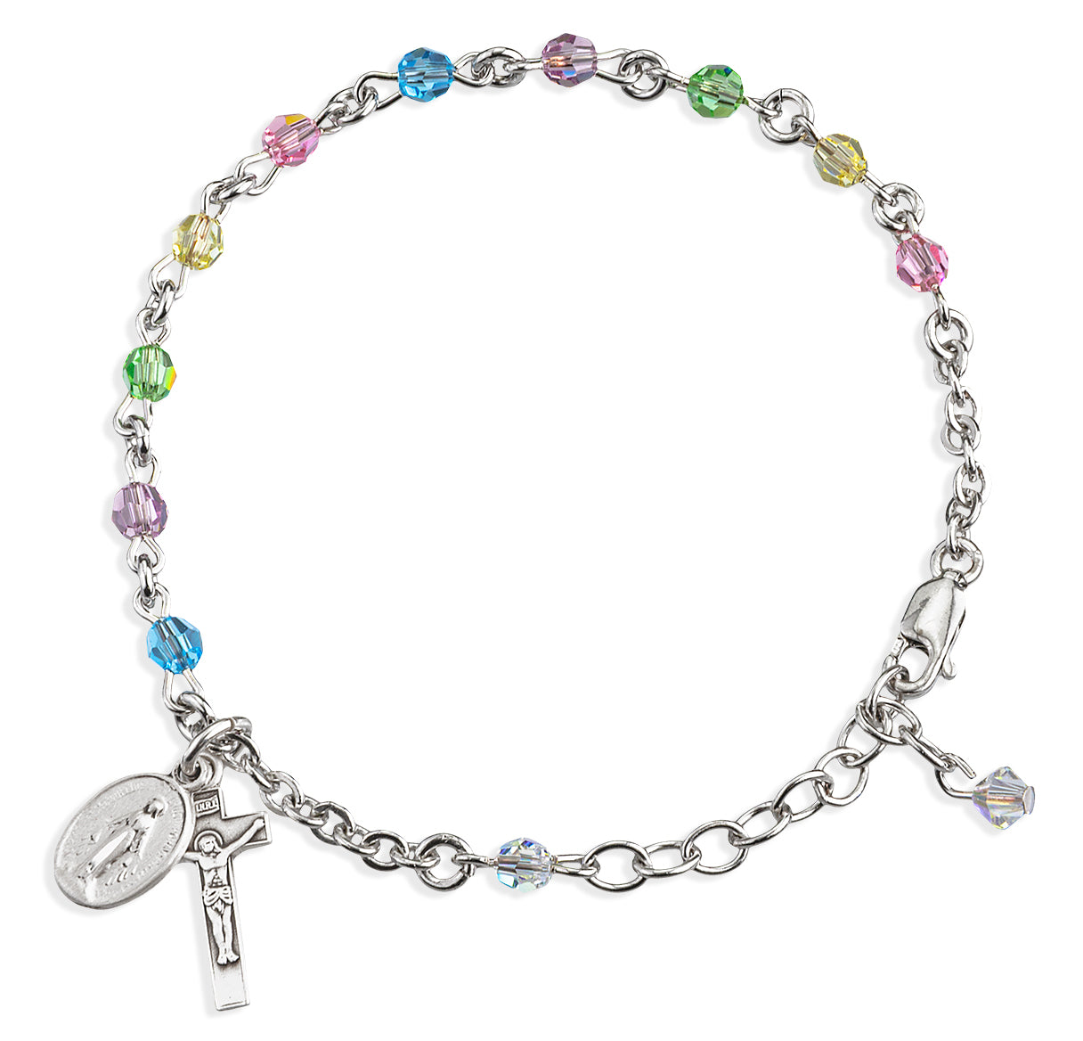 4mm Crystals by Swarovski® Crystal Multi Color Rosary Bracelet W/ Sterling Silver Medal & Cfx-Bxd