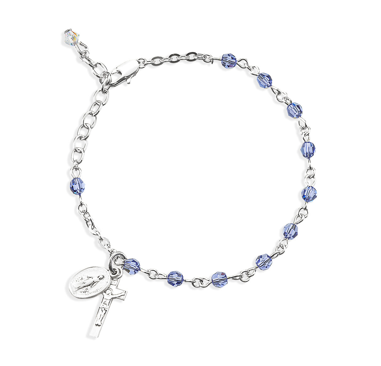4mm Crystals by Swarovski® Tanzanite Crystal Bead Rosary Bracelet With Sterling Miraculous and Crucifix-Bxd