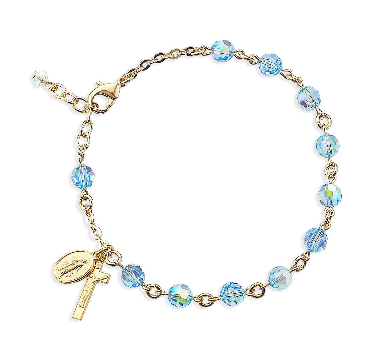 6mm Round Crystals by Swarovski® Aqua Gold Plate Rosary Bracelet W/ Gold Over Sterling Mirac & Cfx Medals-Bxd