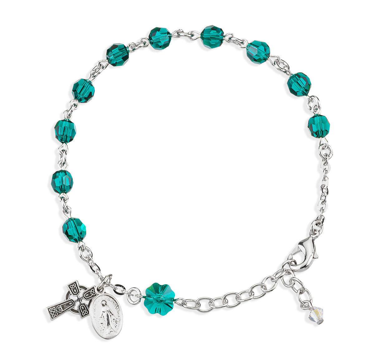 6mm Finest Crystal Emerald W/Clover Bead Rosary Bracelet w/Sterling Medals-(S3100/S1788)-Bxd