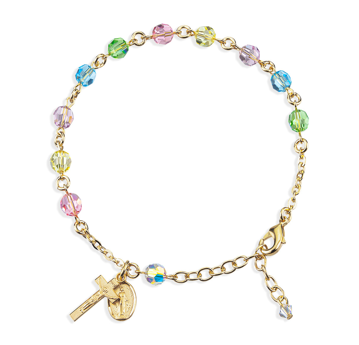 6mm Multi-Color Crystals by Swarovski® Aurora Crystal Bead Gold Plated Rosary Bracelet W/ Gold Over Sterling Medal-(GS3100/GS1802)-Bxd