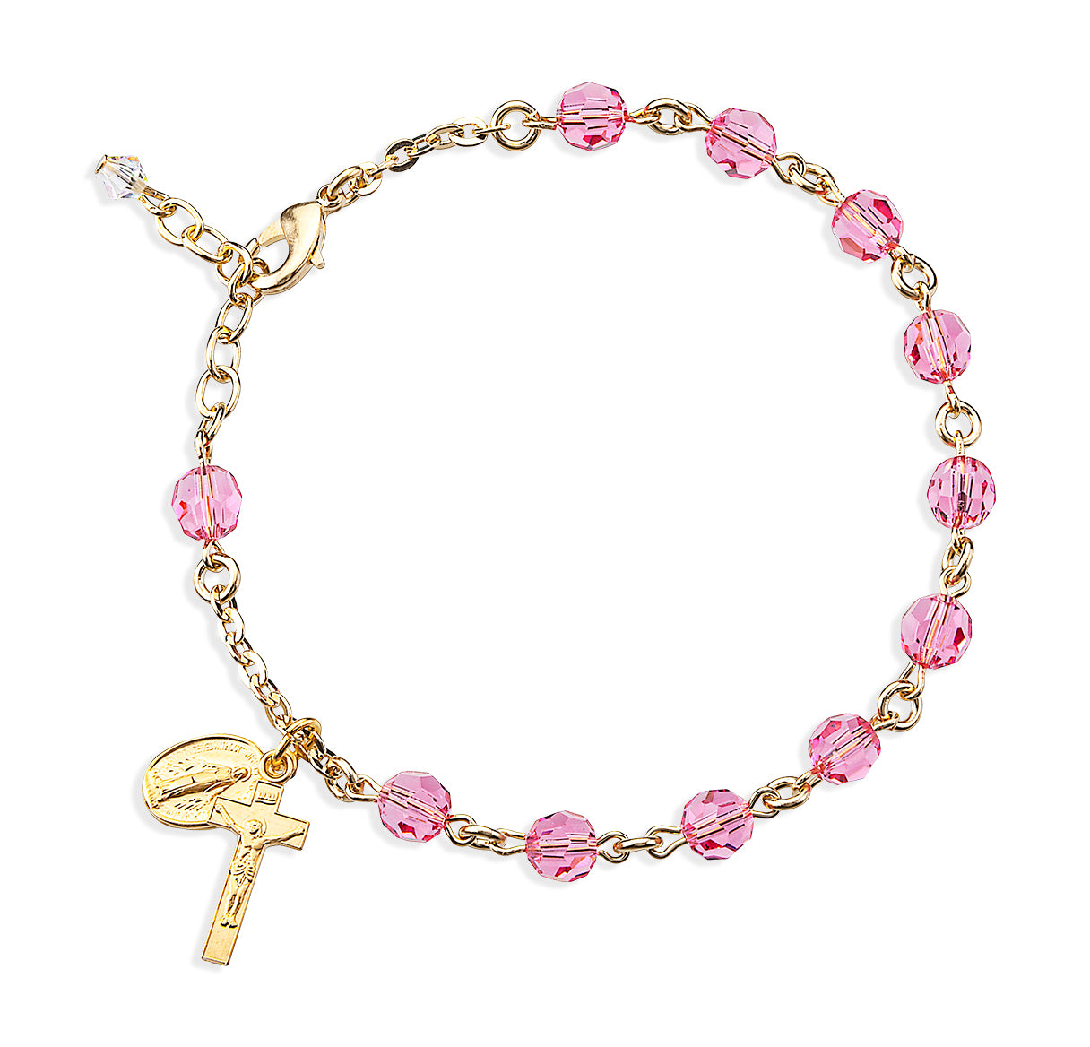 6mm Round Crystals by Swarovski® Pink Gold Plate Rosary Bracelet W/ Gold Over Sterling Mirac & Cfx Medals-Bxd