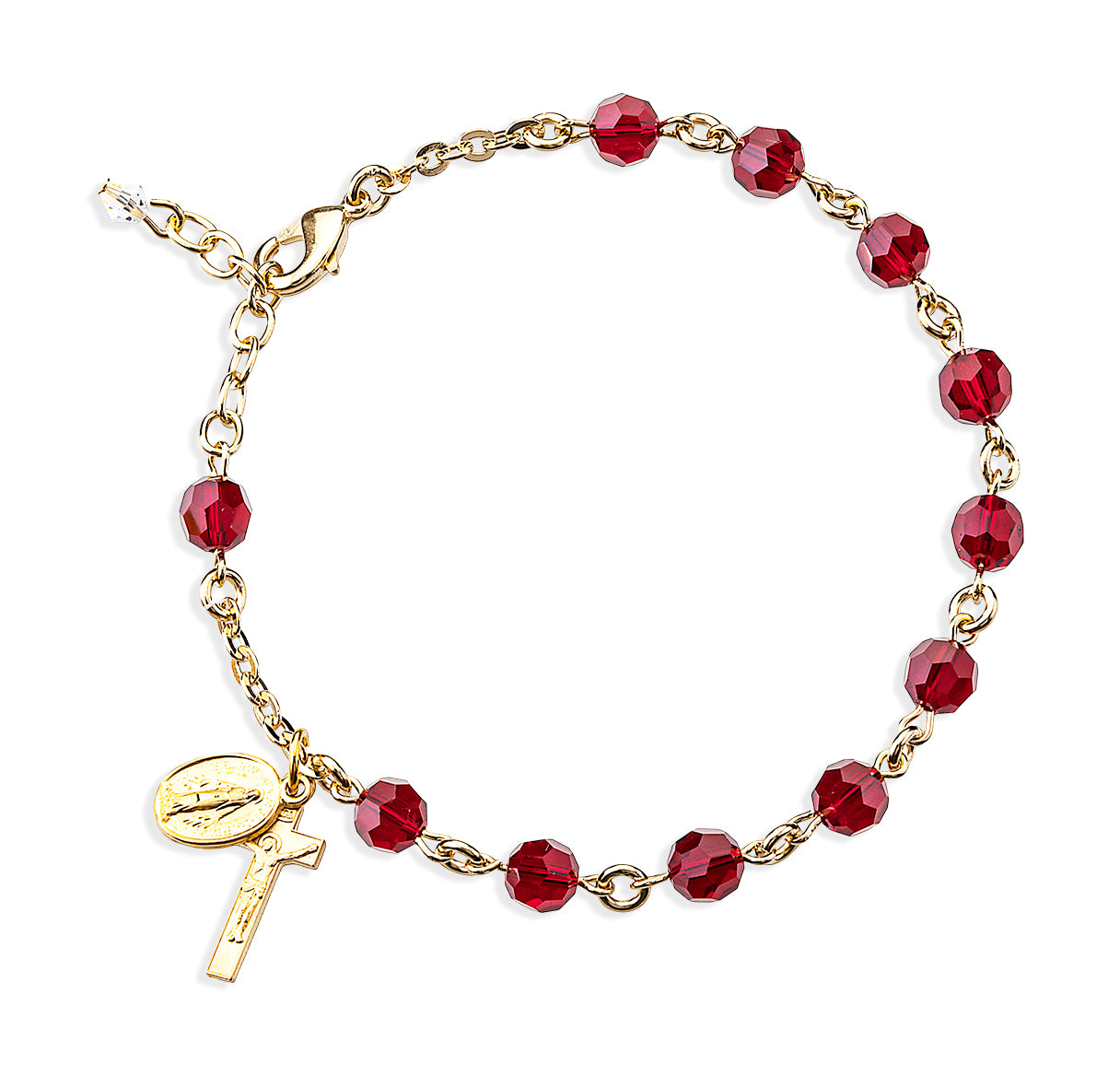 6mm Round Crystals by Swarovski® Ruby Gold Plate Rosary Bracelet W/ Gold Over Sterling Mirac & Cfx Medals-Bxd