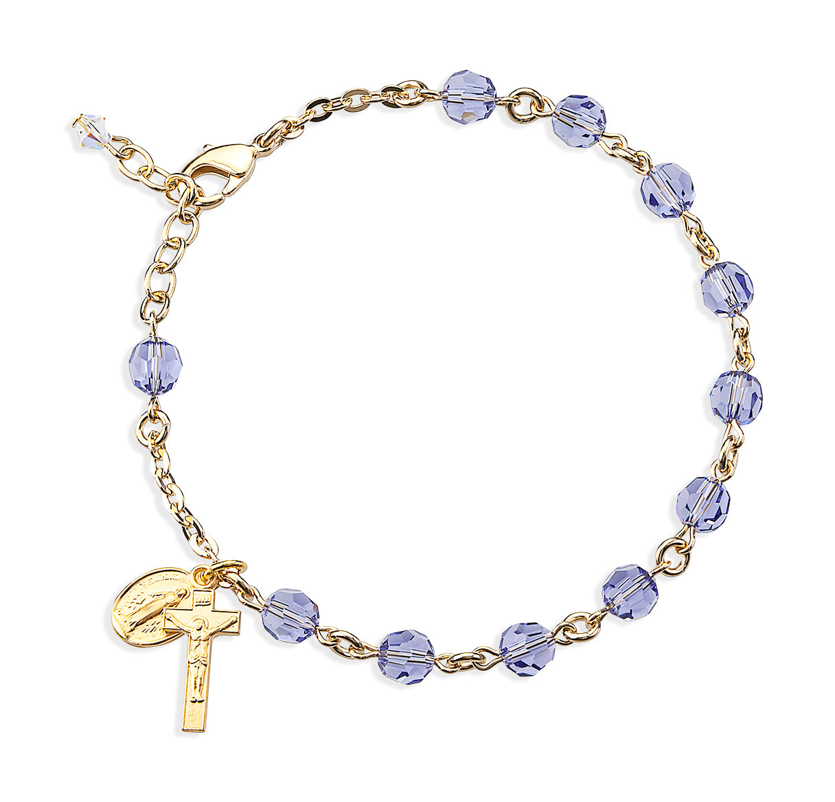 6mm Round Crystals by Swarovski® Tanzanite Gold Plate Rosary Bracelet W/ Gold Over Sterling Mirac & Cfx Medals-Bxd