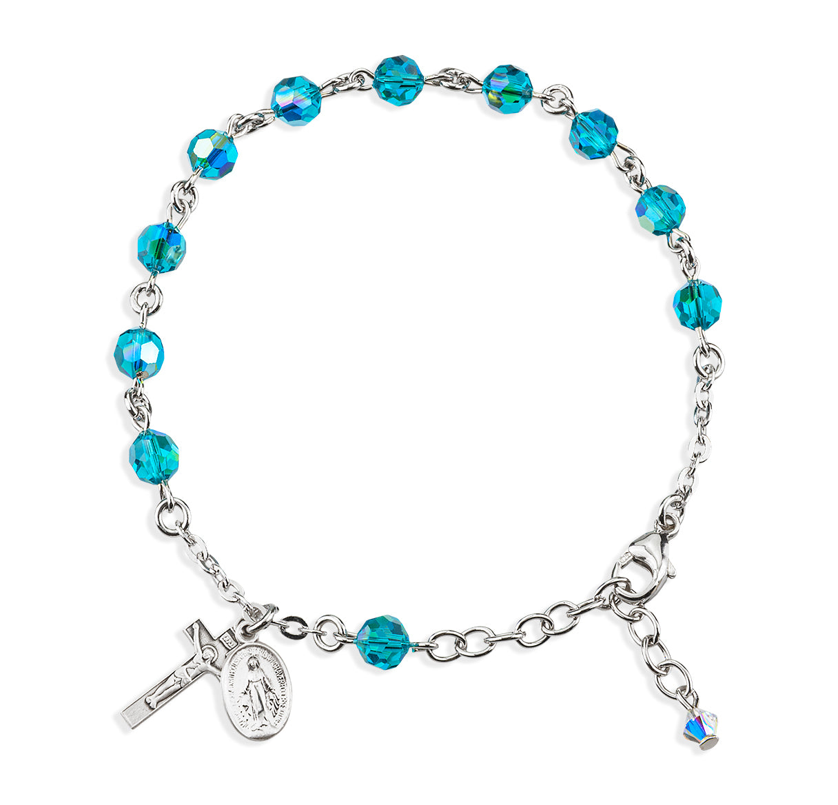 6mm Crystals by Swarovski® Blue Zircon Bead Plated Rosary Bracelet With Sterling Miraculous and Crucifix-Bxd