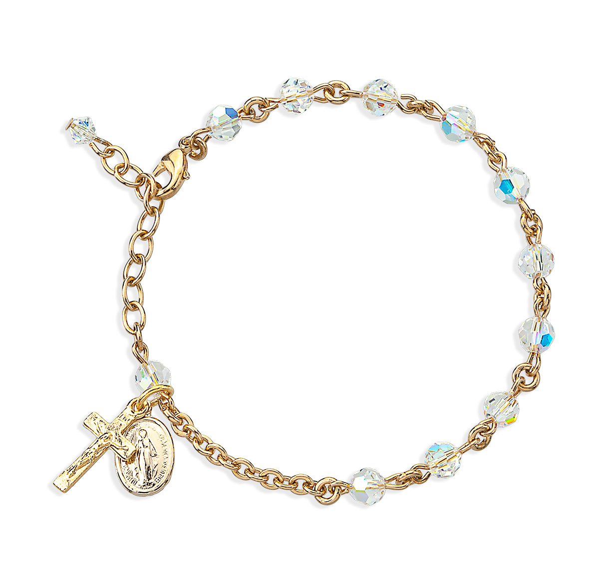 5mm Multi-Faceted Crystals by Swarovski® Aurora Crystal Bead Gold Plated Rosary Bracelet W/ Gold Over Sterling Medal-(GS3100/GS1802)-Bxd