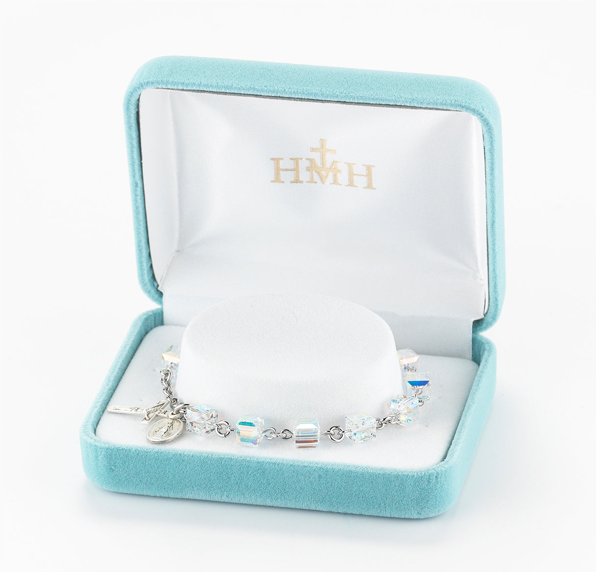 Rosary Bracelet Created with 6mm Aurora Borealis Crystals by Swarovski® Austrian Crystal Cube Shape Beads by HMH