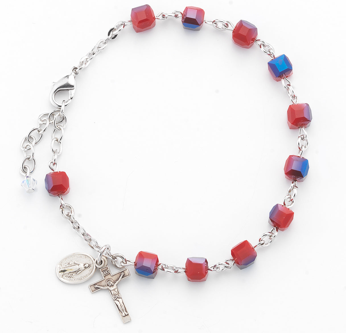 6mm Blue/Red Cube Rosary Bracelet with a Sterling Silver Crucifix and Miraculous Medal-Bxd