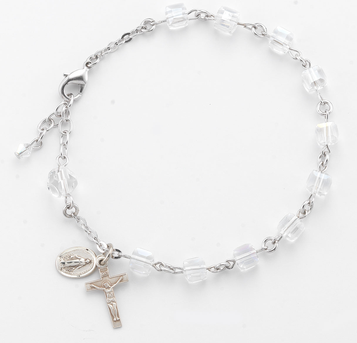 6mm Crystal Faceted Crytal Cube Bead Rosary with 7mm O.F. beads and a Sterling Silver Cfx & Ctr (3100,1802)-Bxd