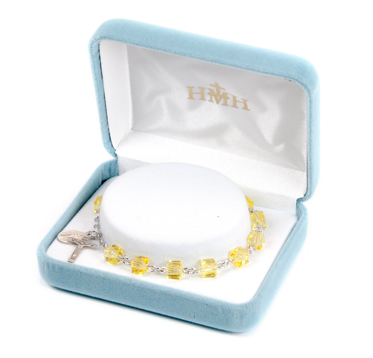 6mm Jonquil Color Faceted Cube Shape Glass Beaded Rosary Bracelet W/ Sterling Silver Medal & Cfx-Bxd