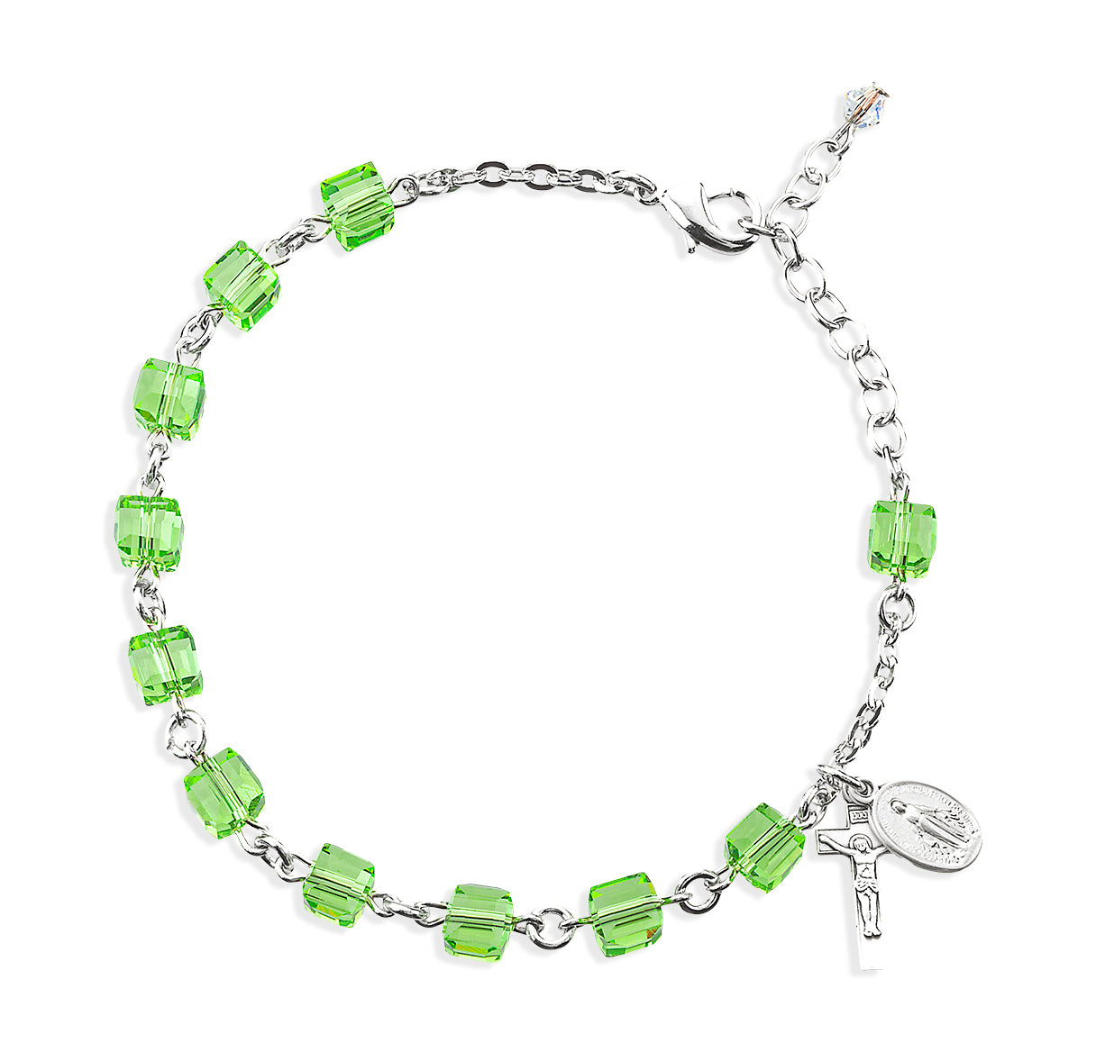 6mm Peridot Color Faceted Cube Shape Glass Beaded Rosary Bracelet W/ Sterling Silver Medal & Cfx-Bxd
